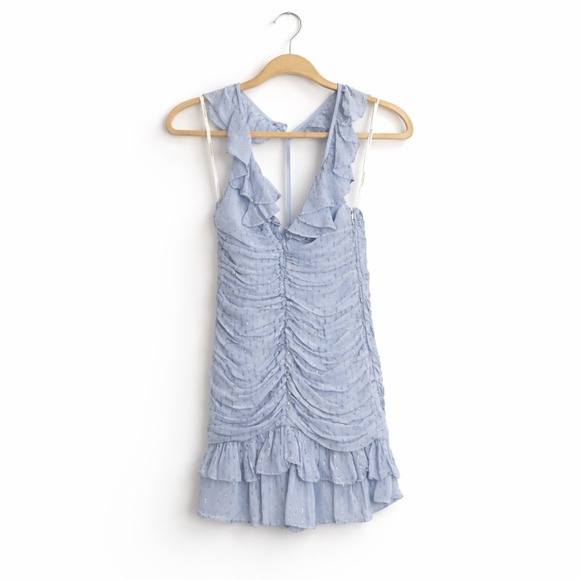Love & Lemons Women's Baby Blue Ruffle V-Neck Chantal Mini Dress Size XS - Picture 2 of 13